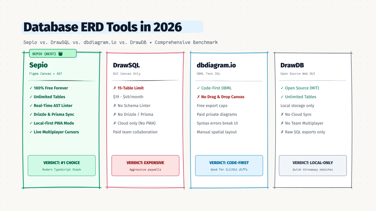 Database ERD Tools in 2026: Sepio vs. DrawSQL, dbdiagram.io, and DrawDB